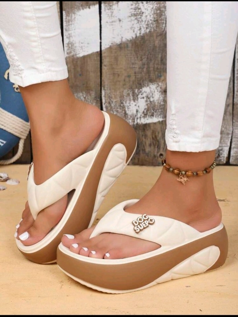 Women's Cream Platform Thong Sandals Size 6-6.5